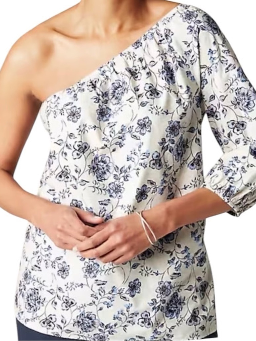 NWT J. Jill One-Shoulder Floral Puff-Sleeve Top Size XL Blue Cotton Modal NEW
